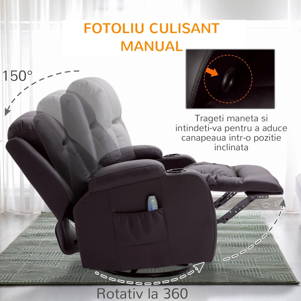 HOMCOM Fotoliu cu Masaj și Încălzire, Fotoliu Rabatabil din Piele Artificială cu 8 Puncte de Masaj și Telecomandă, 85x94x104 cm, Maro | Aosom Romania