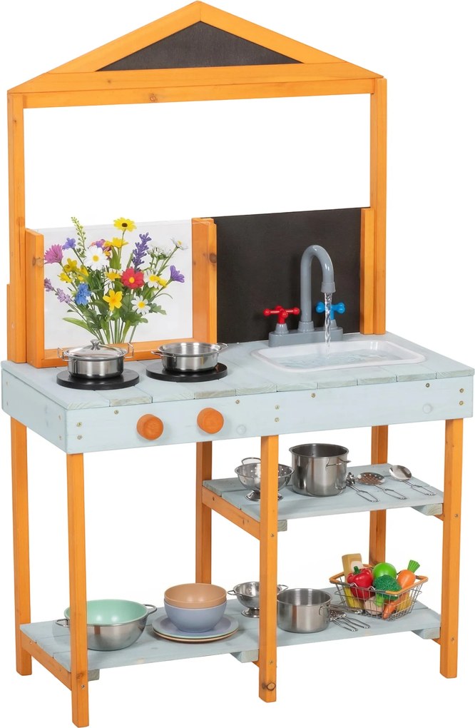 AIYAPLAY Bucătărie de noroi pentru copii, bucătărie de joacă din lemn pentru exterior cu plită, chiuvetă detașabilă, rafturi pentru copii 3-8 ani, Albastru deschis | Aosom Romania