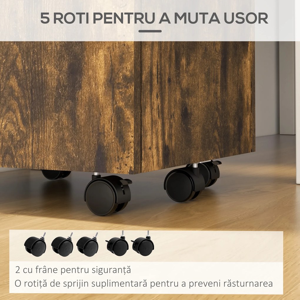 Vinsetto Comodă de Birou cu 2 Sertare și Raft Deschis, Mobilier cu 5 Rotile, Încuietoare și 2 Chei, 39x40x65 cm, Maro | Aosom Romania