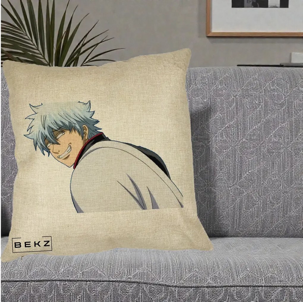 Perna Personalizata Gintama Gintoki Portret cu Zambet, 40x40 cm, Crem, Husa Detasabila, Perna Inclusa, BEKZ®