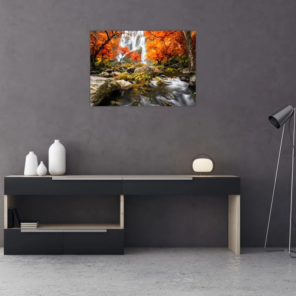 Tablou pe sticlă - Cascade în pădurea portocalie (70x50 cm)