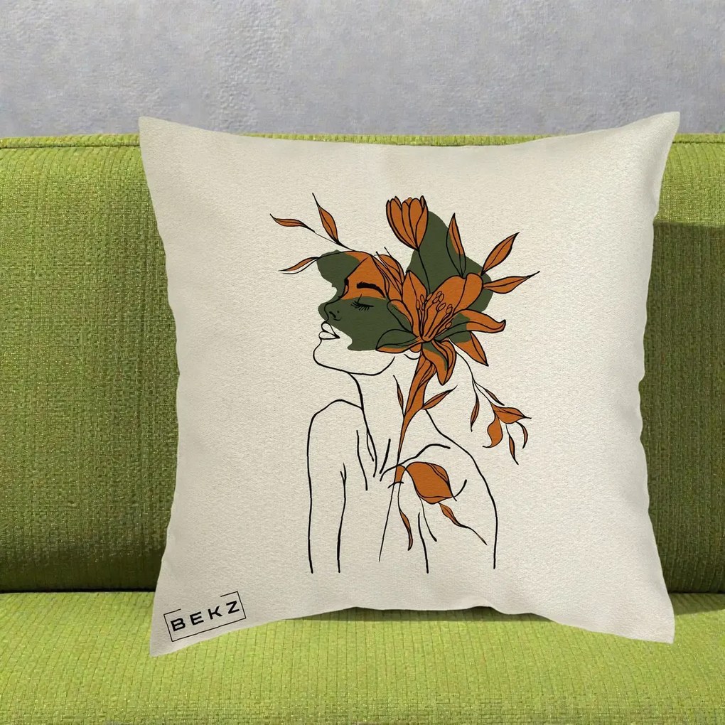 Perna Decorativa Portret Feminin Crin Auriu, 40x40 cm, Ecru, Husa Detasabila, Perna Inclusa, BEKZ®
