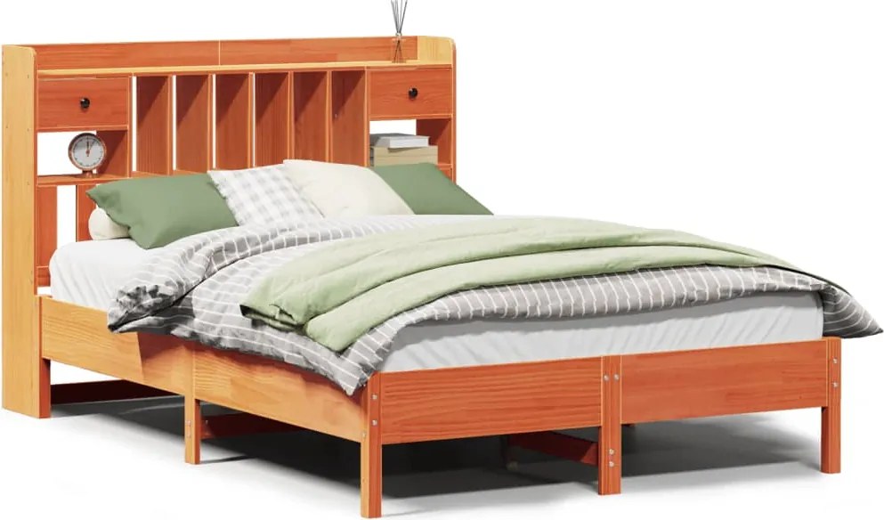 vidaXL Pat cu bibliotecă fără saltea maro 150x200 cm lemn masiv de pin