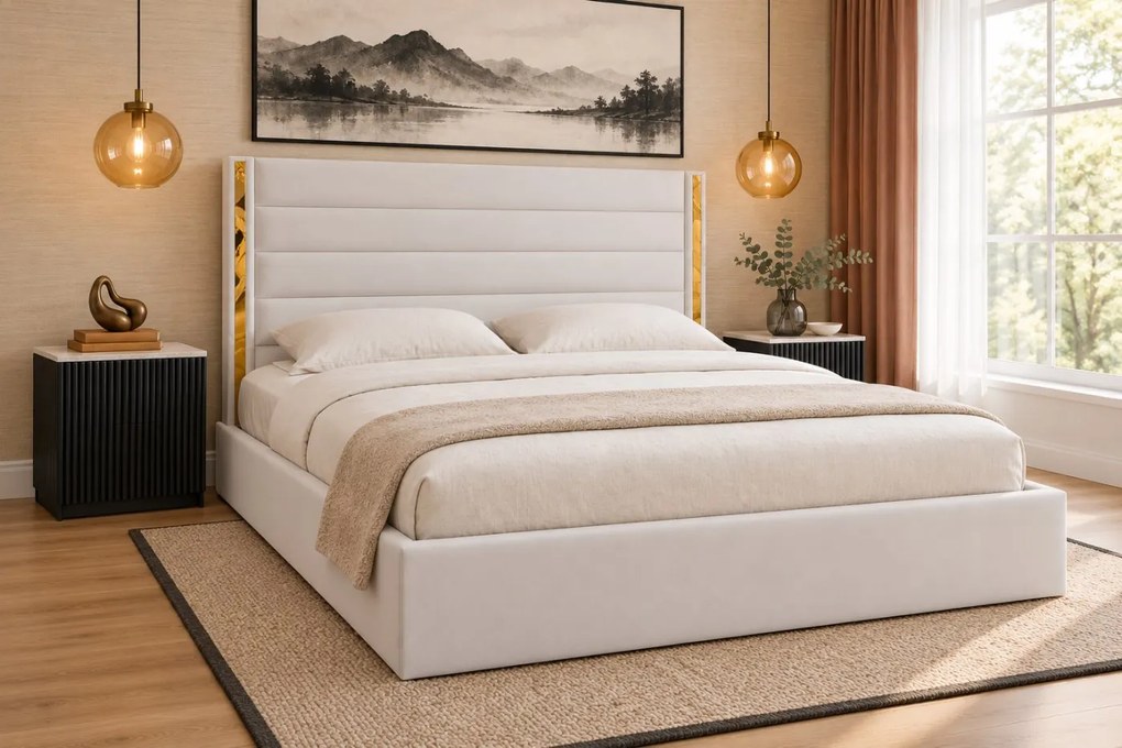 Pat tapițat din catifea Veyra 160×200 cm, crem, detalii aurii, cu ladă de depozitare