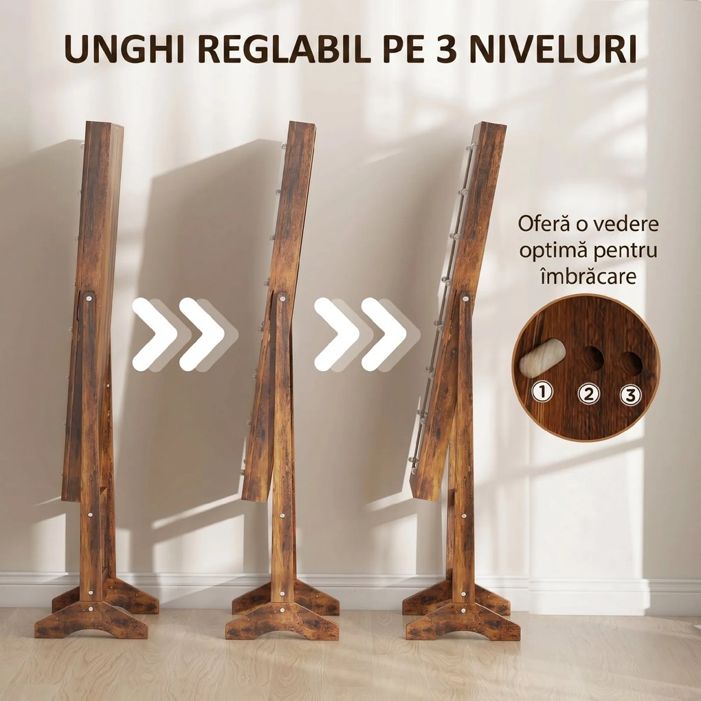 HOMCOM Dulap pentru Bijuterii cu Oglindă Reglabilă și Lumini LED 36x30x136 cm Maro Rustic | Aosom Romania