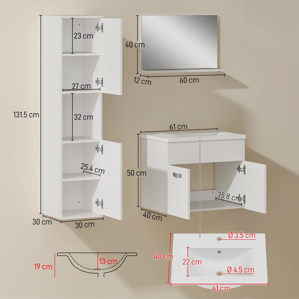 kleankin Set de mobilier pentru baie 4 piese, montat pe perete, cu oglindă, corp sub lavoar, lavoar și coloană înaltă, alb | Aosom Romania