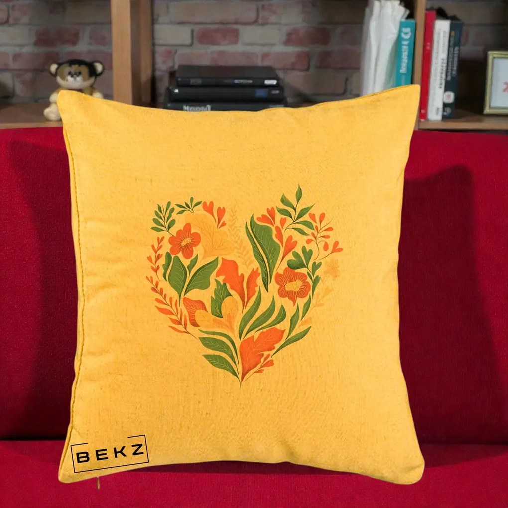 Perna Decorativa Inima Florala Botanica, 40x40 cm, Galben, Husa Detasabila, Perna Inclusa, BEKZ®