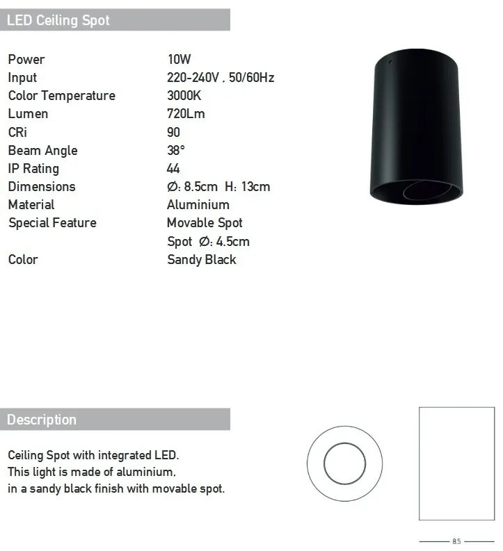 Spot LED aplicat tavan IP44 Hugo negru