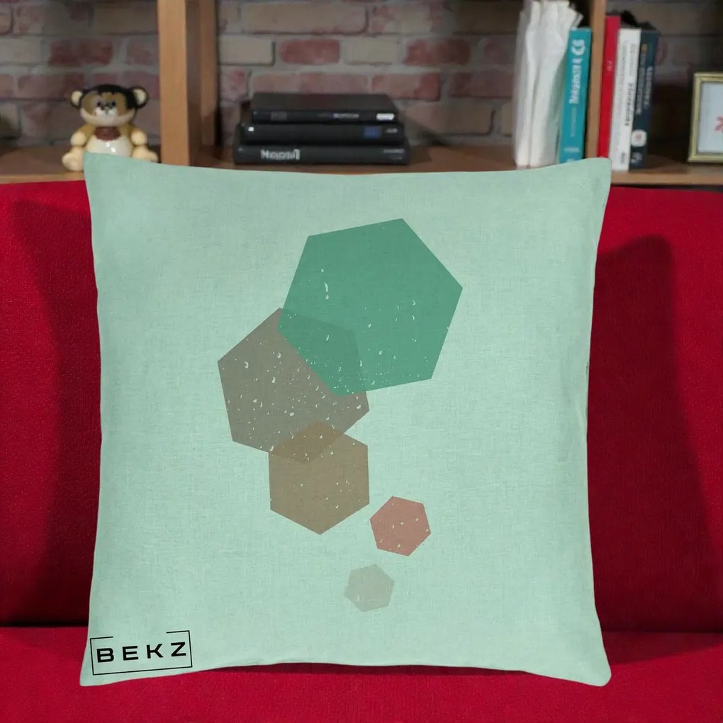 Perna Decorativa Geometric Hexagoane Pastel, 40x40 cm, Verde Menta, Husa Detasabila, Perna Inclusa, BEKZ®
