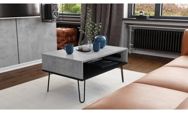 Masă de cafea HALIJA cu blat rabatabil și raft, gri beton / negru