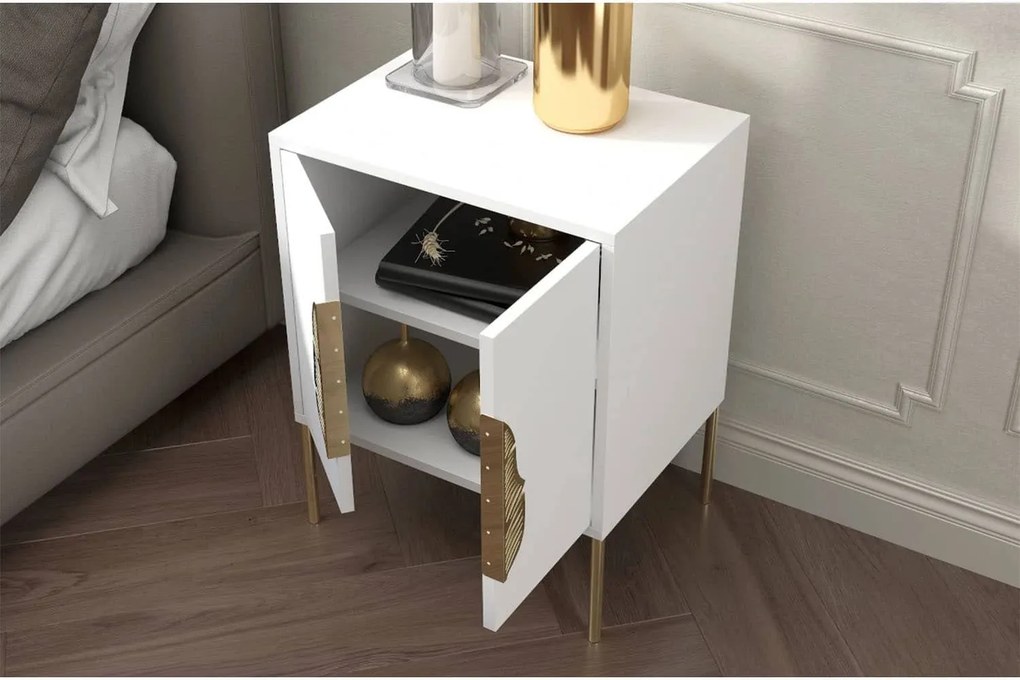 Noptieră lemn masiv Merlin Personalizabilă Accesorii placate cu Aur, 54 × 40 × 69 cm - Alb