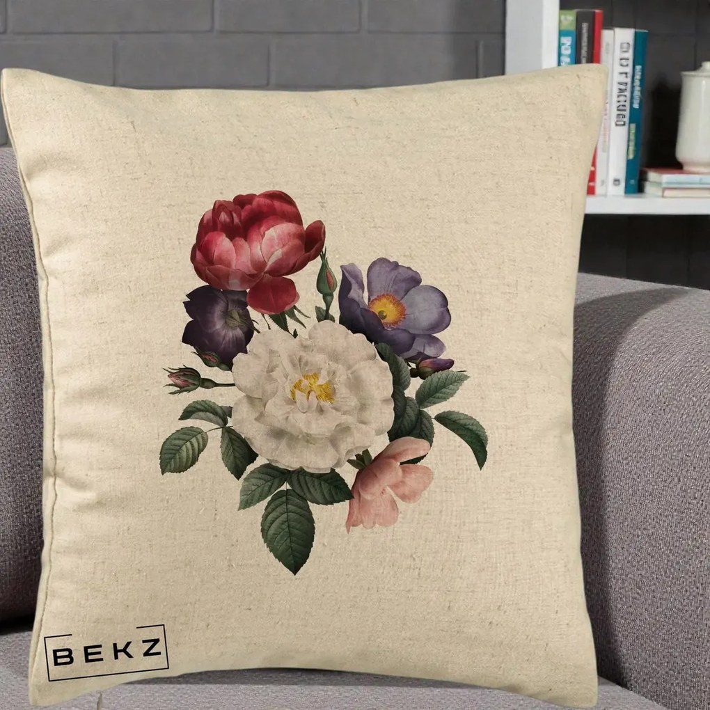 Perna Decorativa Buchet Trandafiri Bujori Botanical, 40x40 cm, Bej, Husa Detasabila, Perna Inclusa, BEKZ®