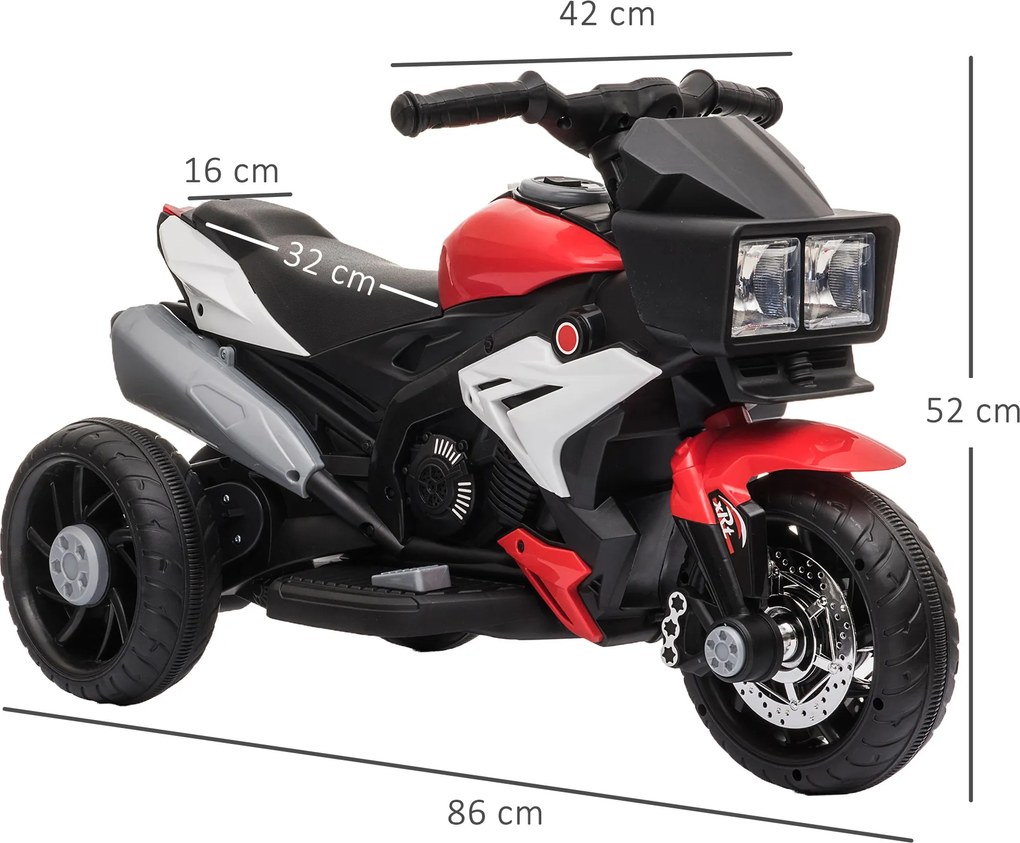 Motocicleta Electrica pentru Copii 3-5 Ani (max. 25kg) cu 3 Roti, Lumini si Sunete, Bateria 6V, Rosu, 86x42x52cm HOMCOM | Aosom Romania