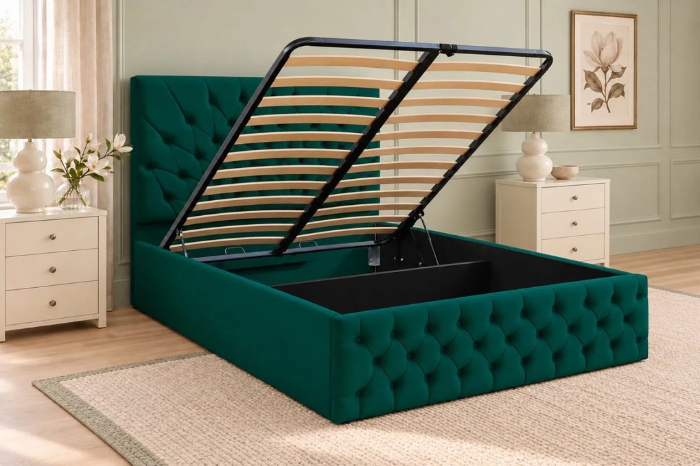 Pat tapițat Chesterfield din catifea Venezia 180×200 cm, verde, cu ladă de depozitare