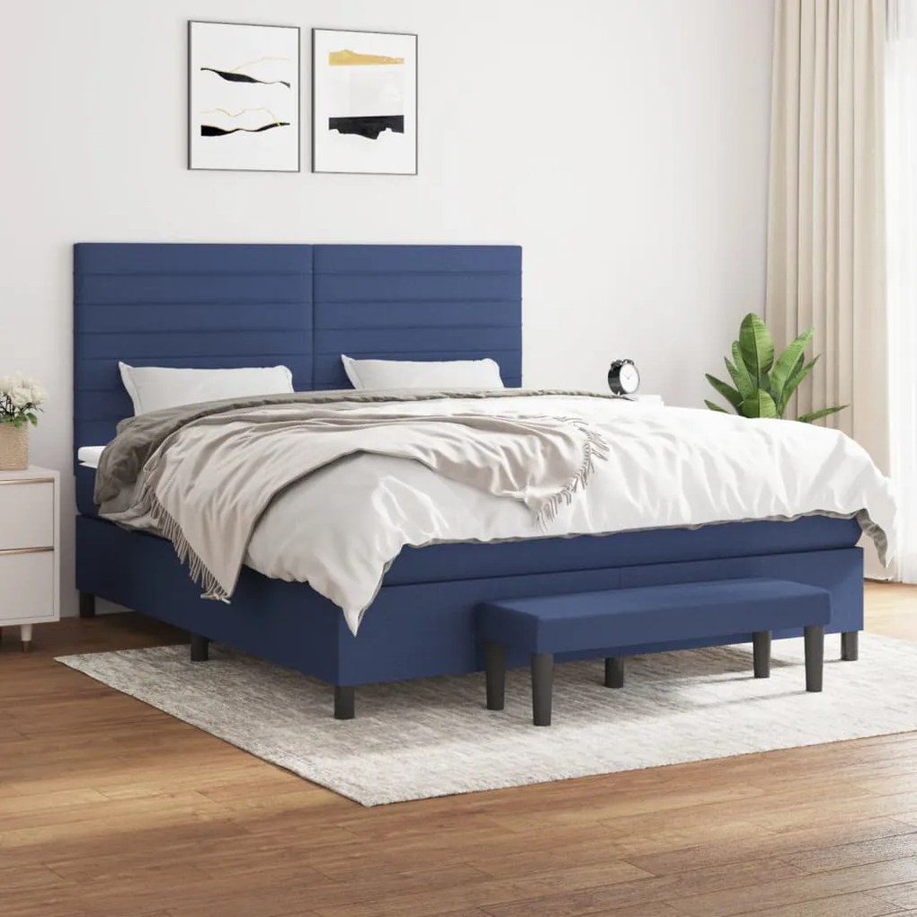 vidaXL Pat continental cu saltea, albastru, 160x200cm, material textil