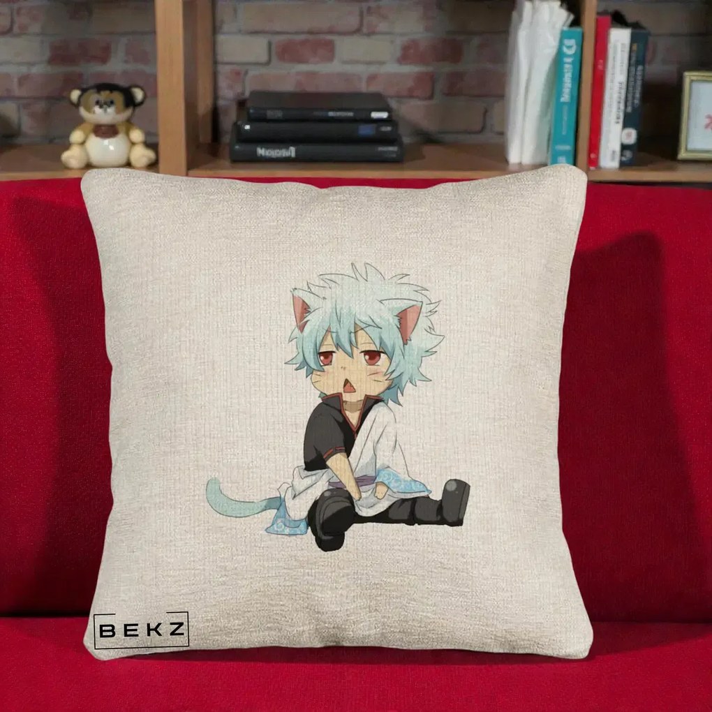 Perna Personalizata Gintama Gintoki Chibi Pisica, 40x40 cm, Bej Canapea, Husa Detasabila, Perna Inclusa, BEKZ®