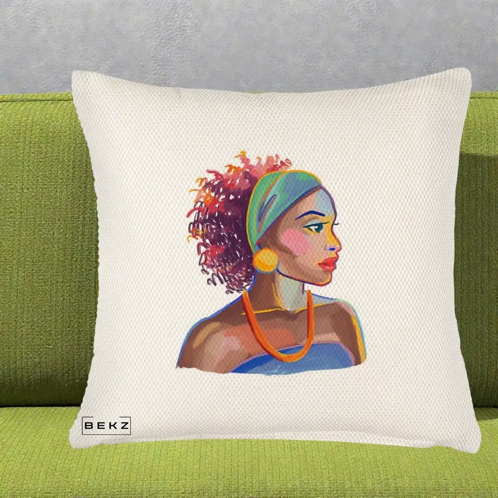 Perna Decorativa Portret Femeie Urbana Acuarela, 40x40 cm, Crem Reliefat, Husa Detasabila, Perna Inclusa, BEKZ®