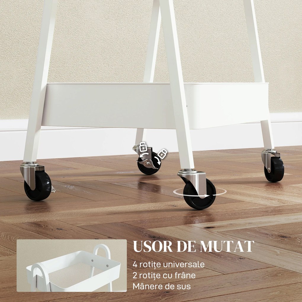 HOMCOM Cărucior de Bucătărie cu 3 Niveluri, Roți Pivotante, Mânere și Frâne, 42,4x29,8x74,5 cm, Alb | Aosom Romania