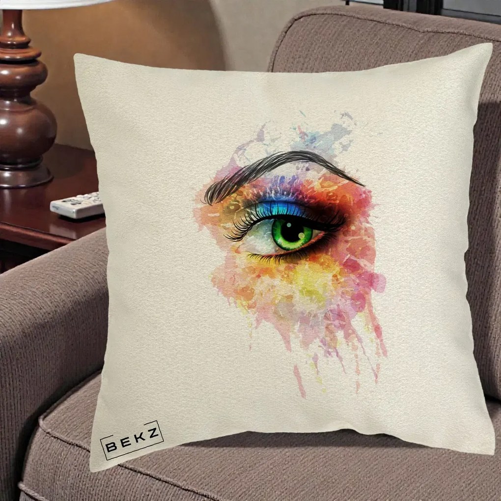 Perna Decorativa Ochi Verde Acuarela, 40x40 cm, Ecru, Husa Detasabila, Perna Inclusa, BEKZ®