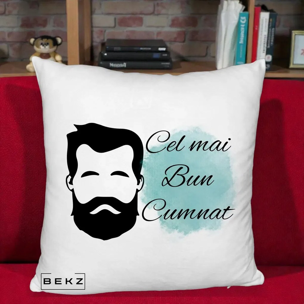 Cadou pentru Cumnat - Perna Personalizata Cel mai Bun Cumnat cu Portret Barbat si Pete Teal, 40x40 cm, Alb Pufos, Husa Detasabila, Perna Inclusa, BEKZ®
