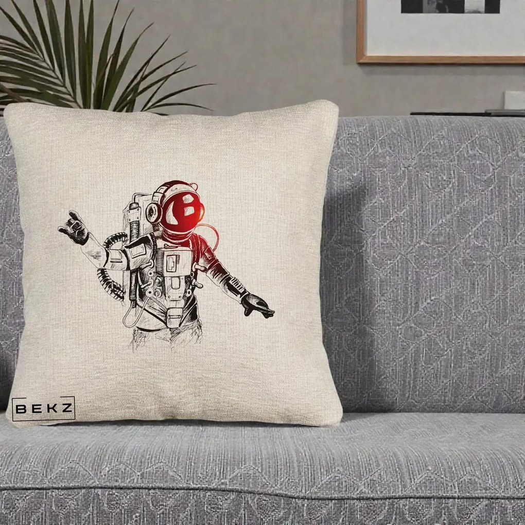 Perna Decorativa Astronaut Rock Sketching, 40x40 cm, Bej Canapea, Husa Detasabila, Perna Inclusa, BEKZ®