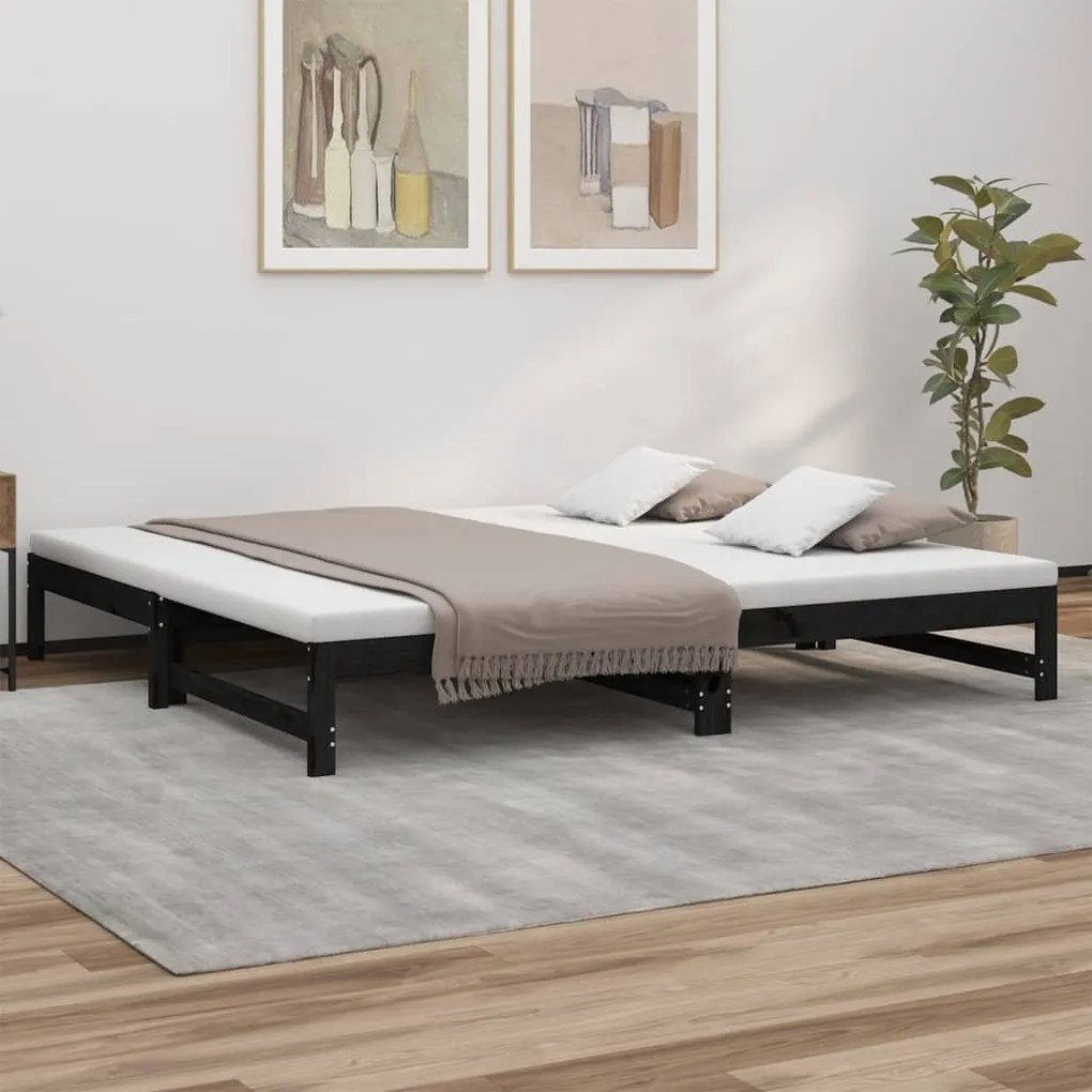 vidaXL Pat de zi extensibil, negru, 2x(100x200) cm, lemn masiv de pin