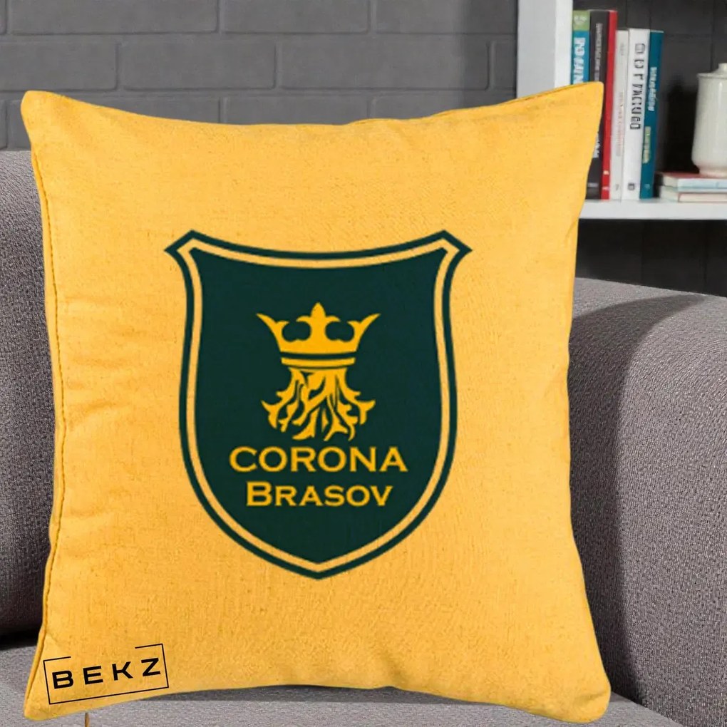 Perna Personalizata Corona Brasov Fotbal, 40x40 cm, Galben, Husa Detasabila, Perna Inclusa, BEKZ®