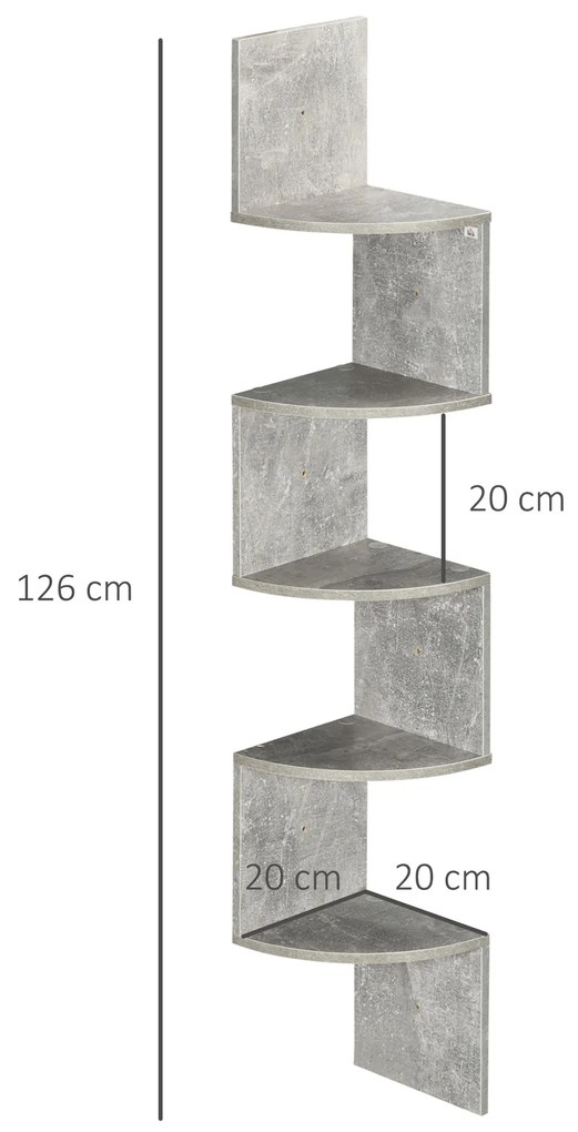 HOMCOM Raft de Colț de Perete în Formă Zigzag 20L x 20l x 126Î cm 5 Nivele Lemn Gri | Aosom Romania