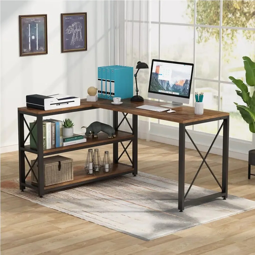 Birou Oscar, culoare nuc si negru, 135+110x75 cm