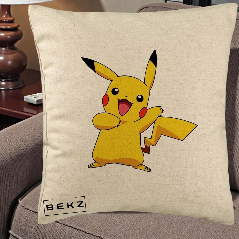 Perna Personalizata Pikachu Fericit, 40x40 cm, Bej, Husa Detasabila, Perna Inclusa, BEKZ®