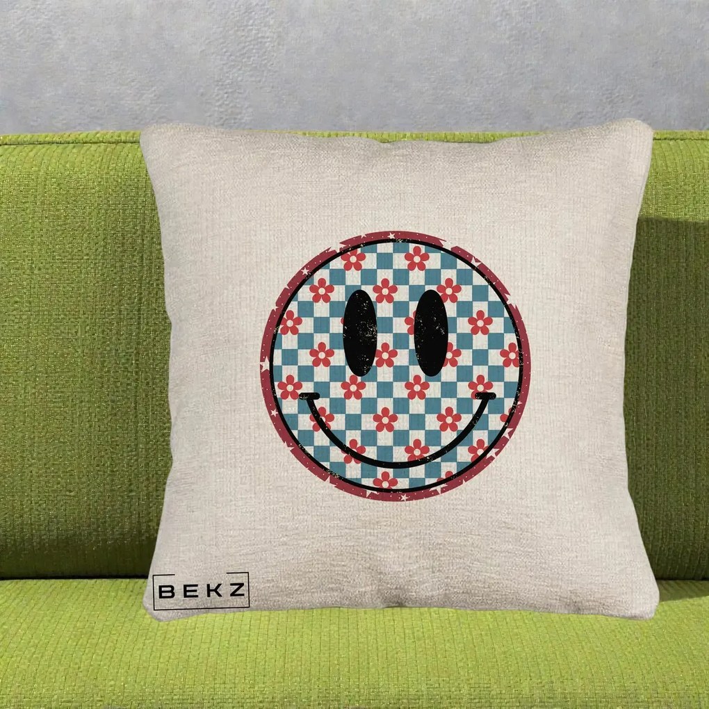 Perna Decorativa Smiley Face Checkered cu Floricele, 40x40 cm, Bej Canapea, Husa Detasabila, Perna Inclusa, BEKZ®