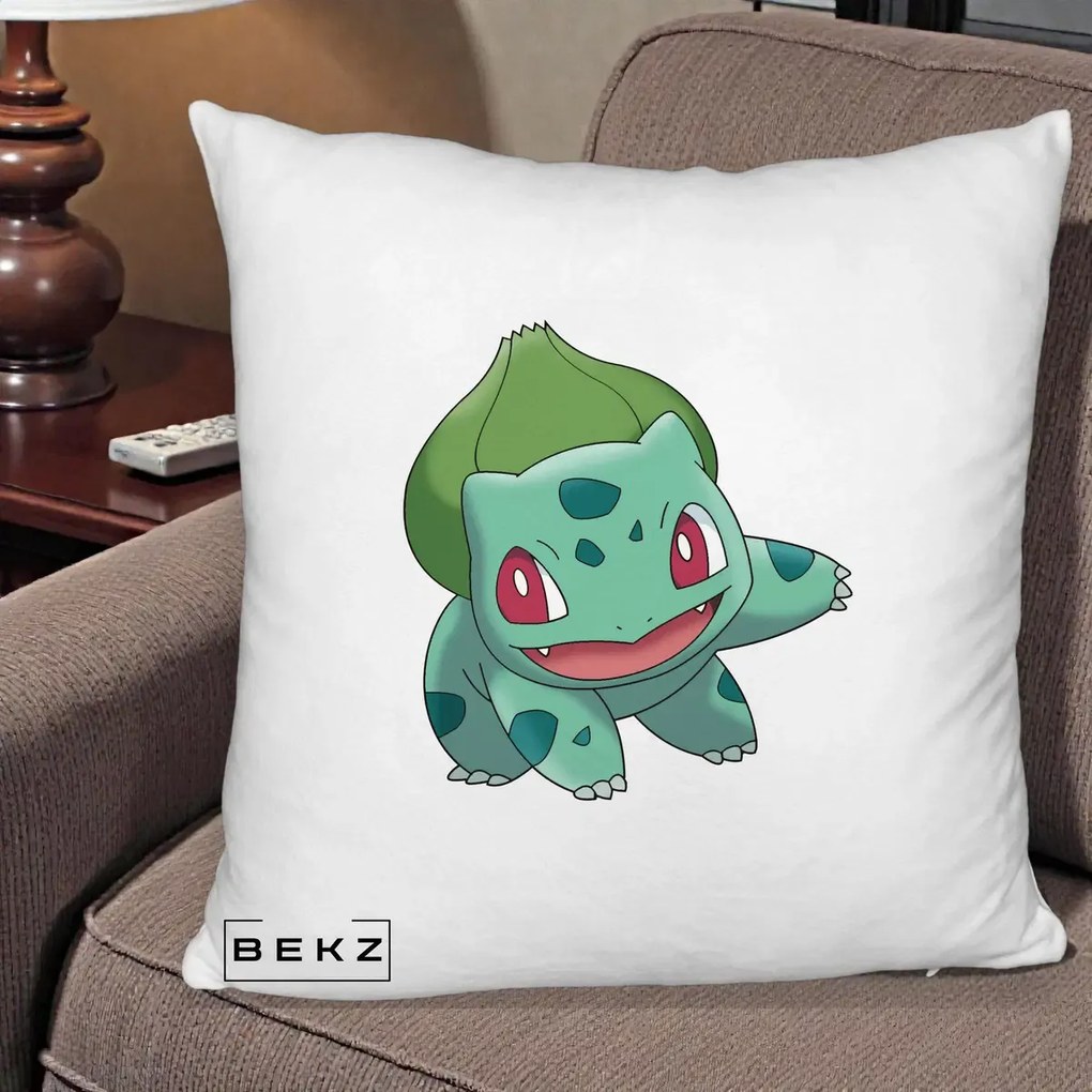 Perna Personalizata Bulbasaur Pokemon, 40x40 cm, Alb Pufos, Husa Detasabila, Perna Inclusa, BEKZ®