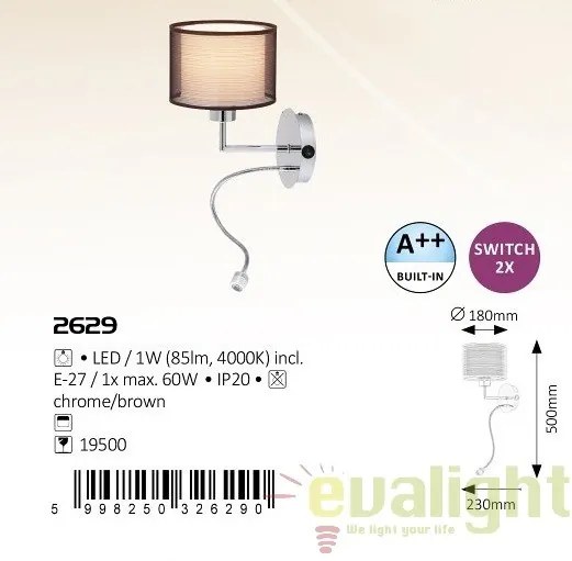 Aplica de perete cu reader LED design modern, finisaj crom/ maro, Anastasia 2629 RX