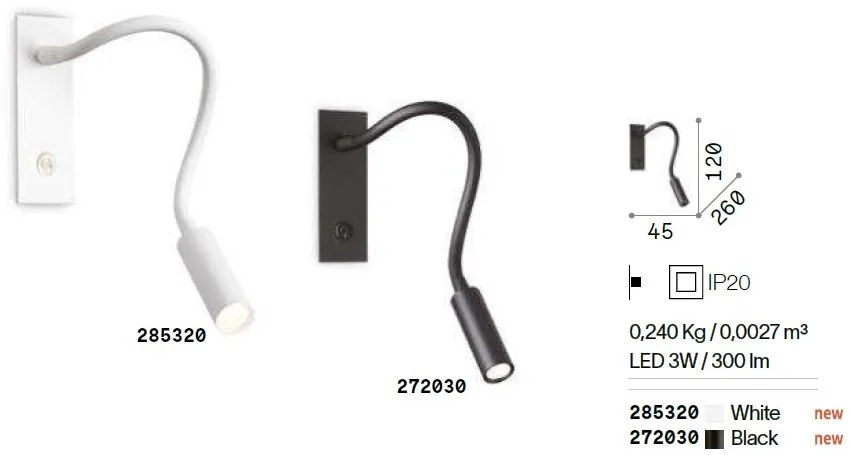 Aplica LED cu brat flexibil, incastrabila perete fals, IO AP NERO