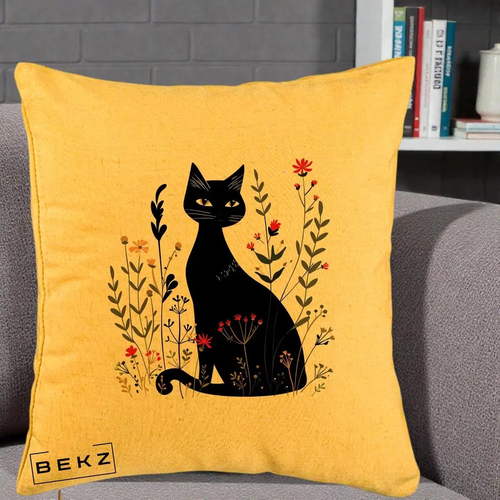 Perna Decorativa Pisica Neagra Botanica Rosu-Gri, 40x40 cm, Galben, Husa Detasabila, Perna Inclusa, BEKZ®