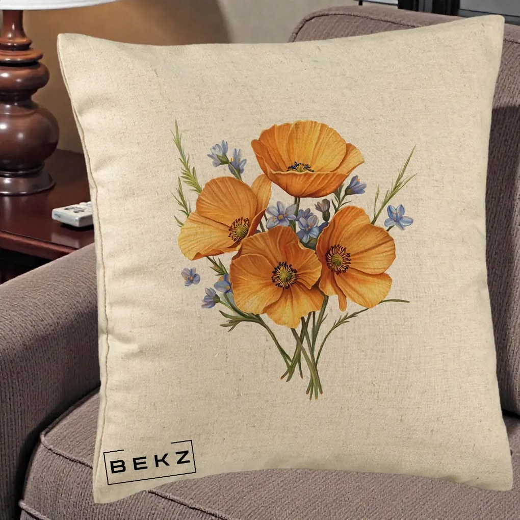 Perna Decorativa Maci Portocalii cu Floricele Albastre, 40x40 cm, Bej, Husa Detasabila, Perna Inclusa, BEKZ®