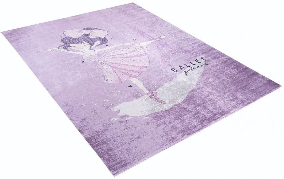 Covor violet pentru copii cu un motiv de balerină la Turnul Eiffel Lăţime: 80 cm | Lungime: 150 cm