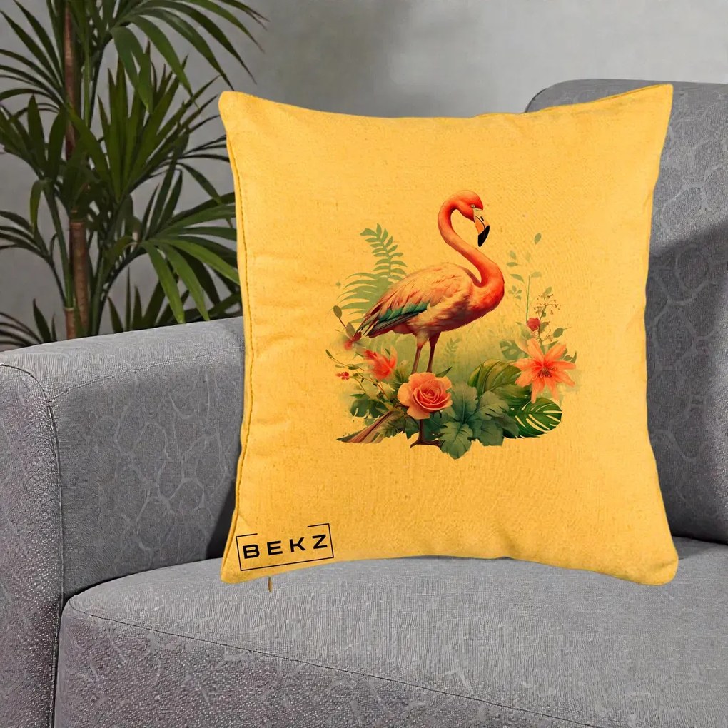Perna Decorativa Flamingo cu Flori Tropicale Acuarela, 40x40 cm, Galben, Husa Detasabila, Perna Inclusa, BEKZ®