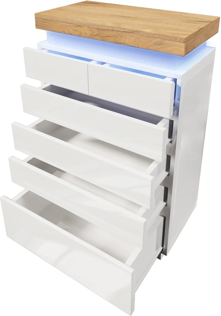 Comodă cu 6 sertare, iluminare LED, spațiu mare de depozitare, 73x39x115 cm, Alb