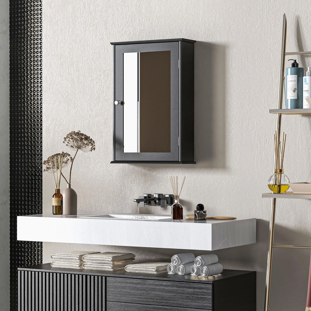 kleankin Mobilier de Baie Dulap Suspendat cu Oglindă 41x14x60cm Negru | Aosom Romania