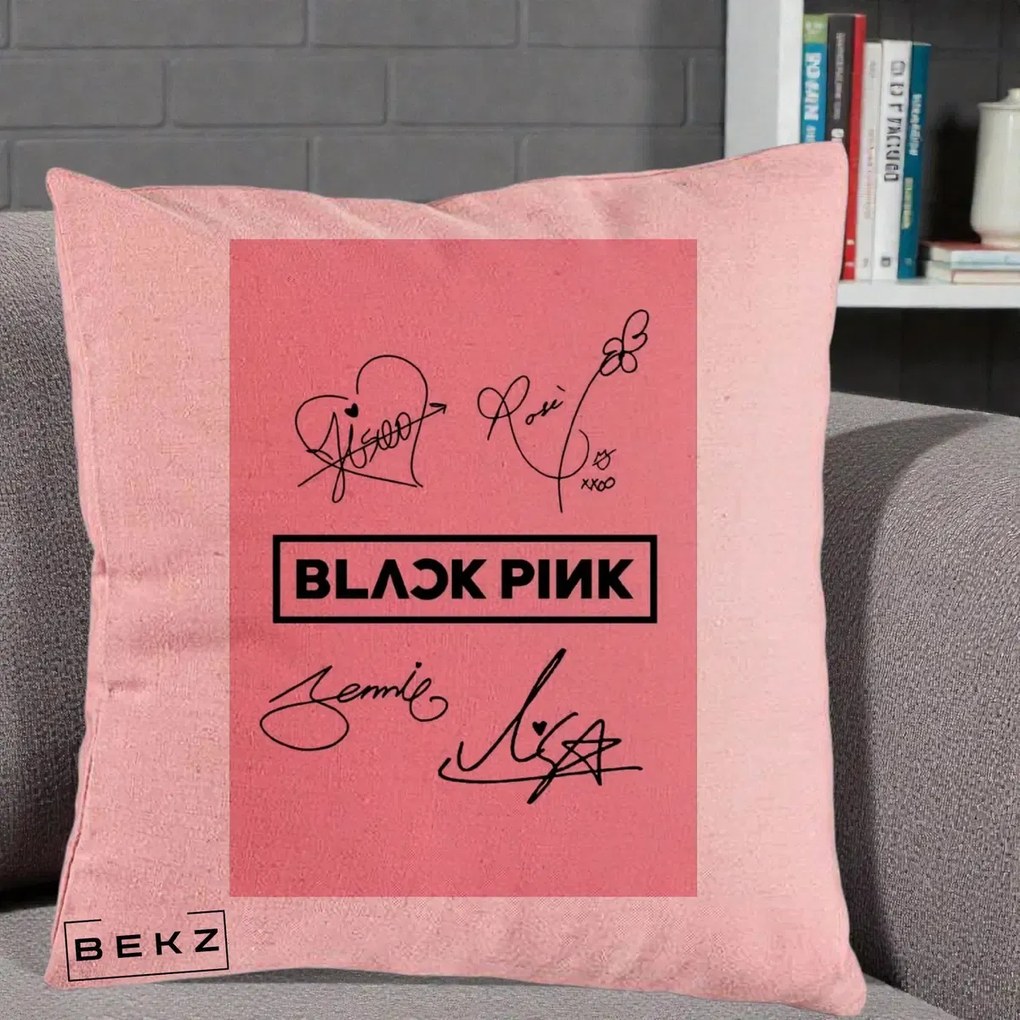 Perna Personalizata K-pop BLACKPINK Semnaturi Roz, 40x40 cm, Roz, Husa Detasabila, Perna Inclusa, BEKZ®