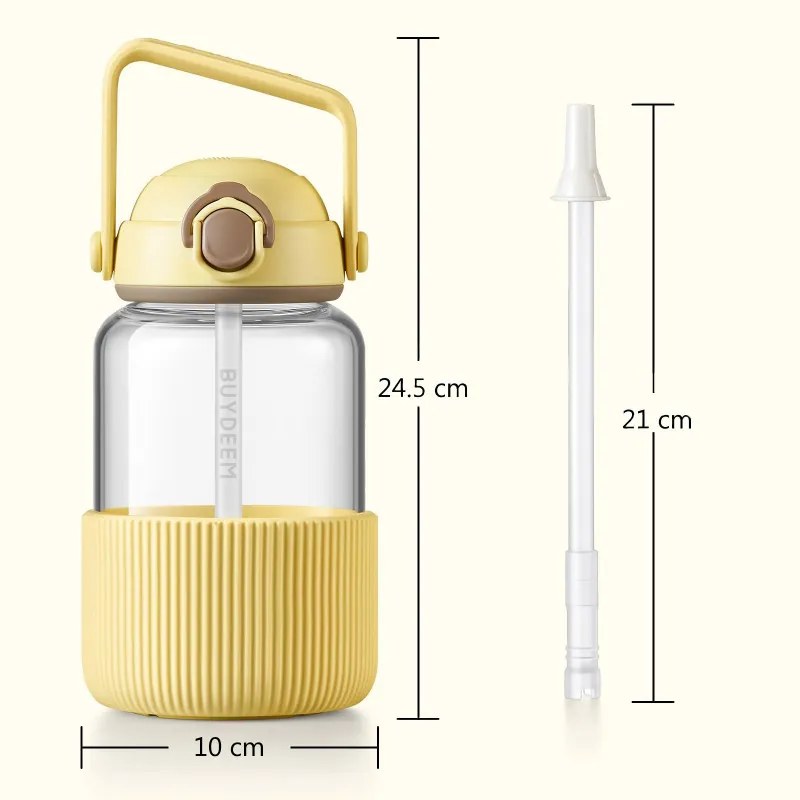 Sticla portabila pentru bauturi BUYDEEM DG710-MY, 1 l, Pai retractabil, Maner, Sticla rezistenta pana la 150°C, Tripla etansare, Galben