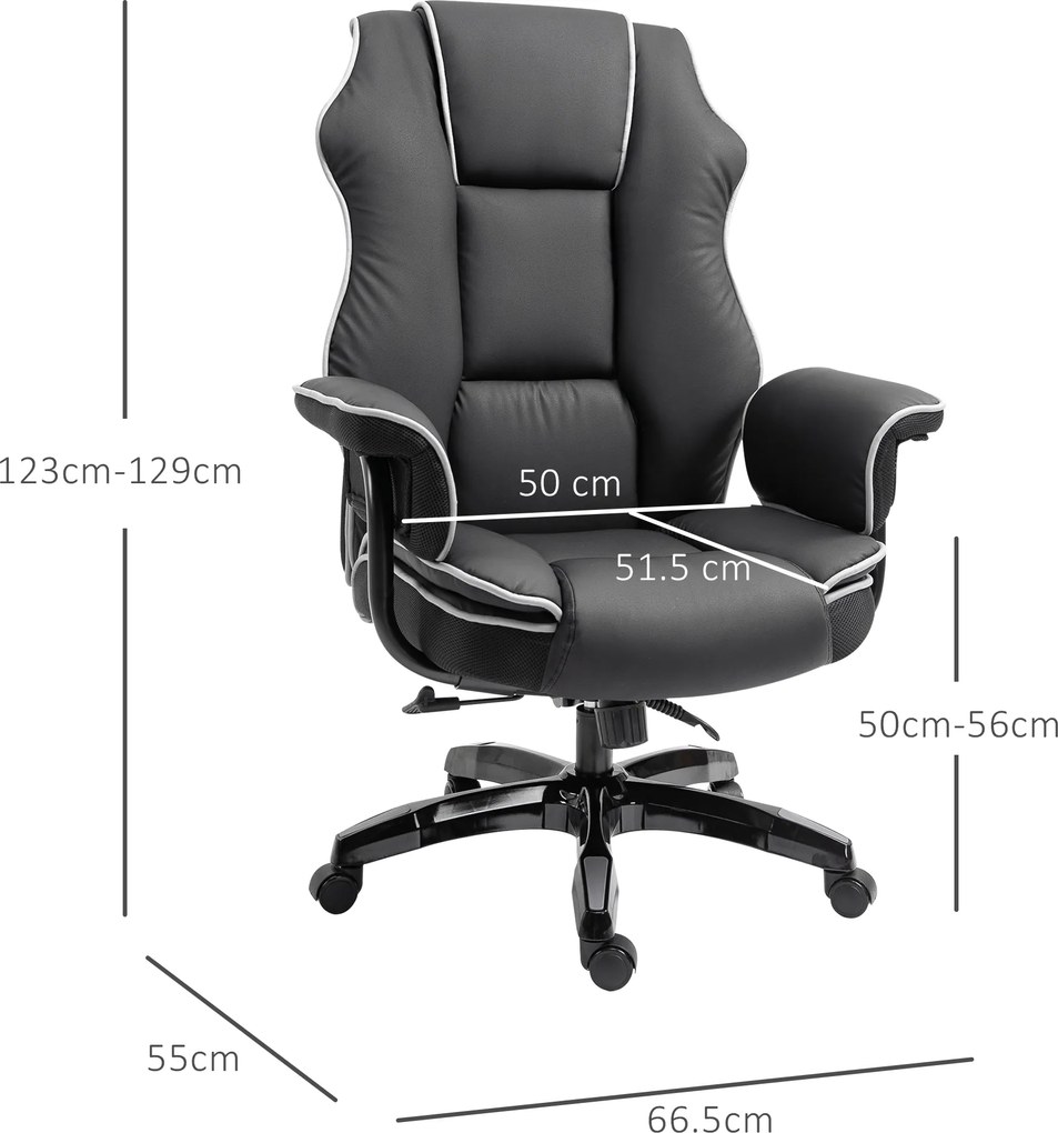 Vinsetto Fotoliu de Birou din Piele ecologica Neagra cu Inaltime Ajustabila, Spatar Rabatabil, Rotativ, 66.5x55x123-129cm