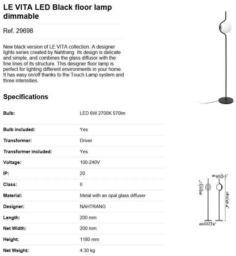 Lampadar LED dimabil design modern LE VITA LED Black 29698