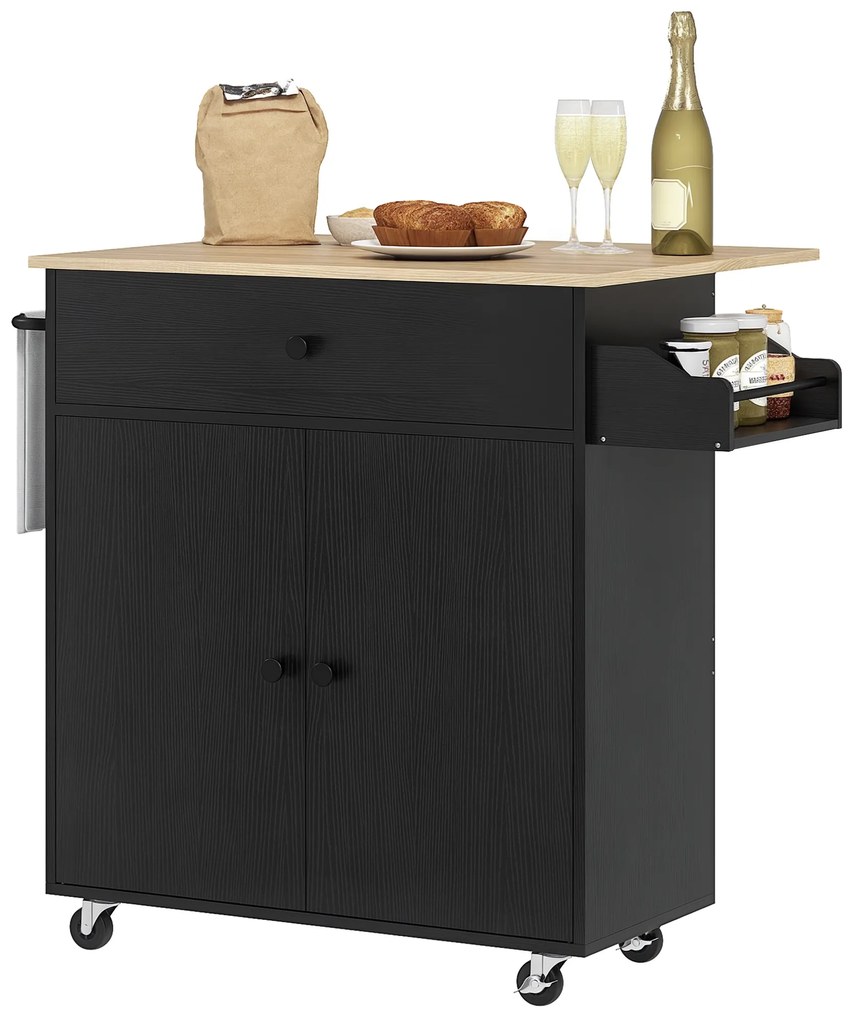 HOMCOM Insulă de Bucătărie cu Ala Rabatabilă 2 Uși Sertar Suport pentru Condimente Bară de Agățat Șervețel și Raft Reglabil 106x42x87 cm Negru și Stejar | Aosom Romania