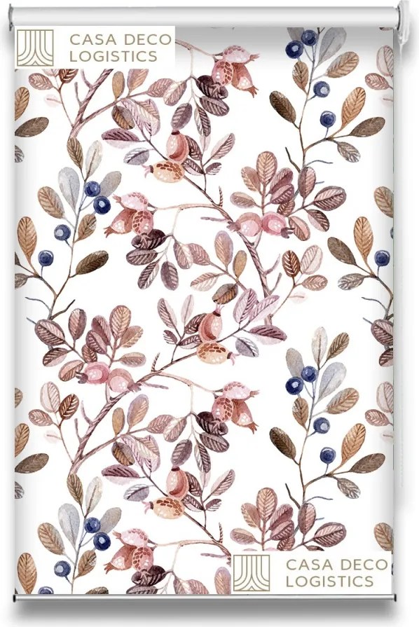 Roletă textilă Floral 8007 albă cu model frunze și flori în nuanțe maro și roz