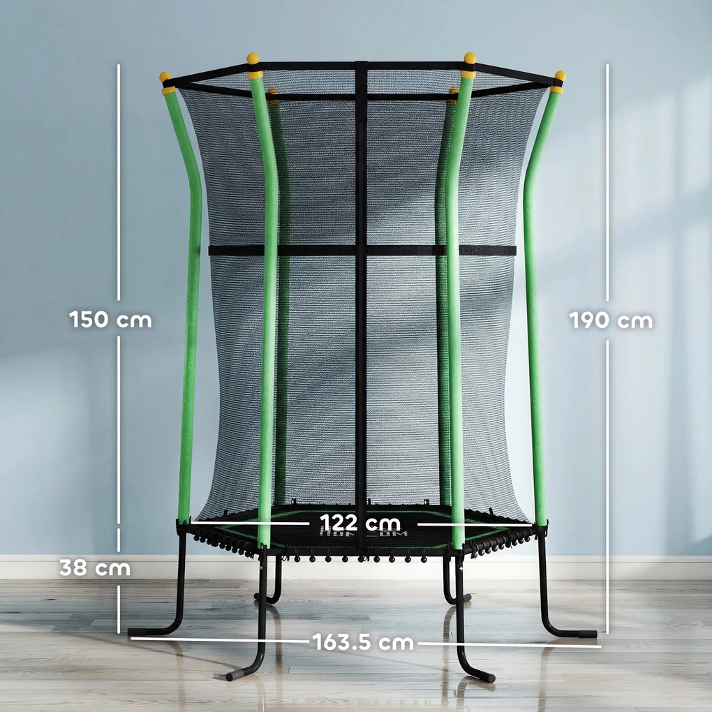 HOMCOM Trambulină Elastică pentru Copii 3-10 Ani cu Intrare cu Fermoar și Bare Căptușite, Ø163.5x190 cm, Verde | Aosom Romania