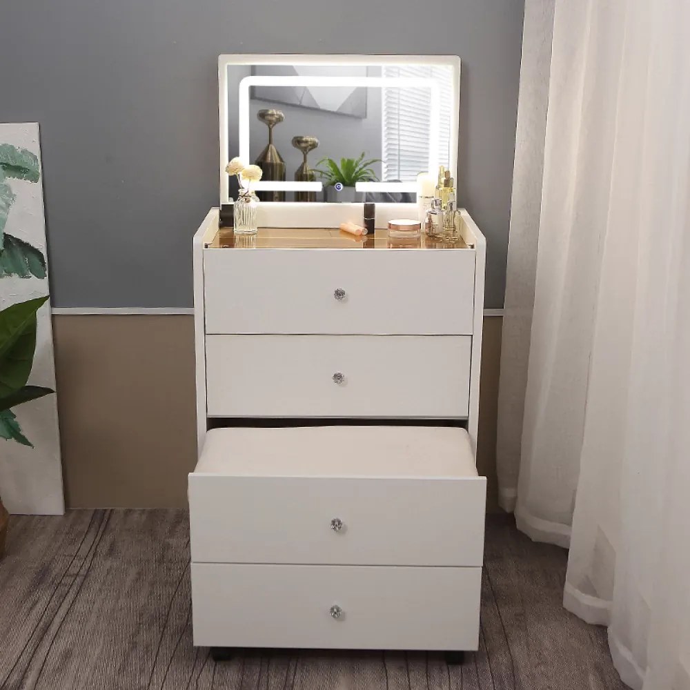 Set CLARICE SMART, Masă de toaletă pentru machiaj cu oglindă rabatabilă, iluminată LED, control touch, trei tipuri culoare, incarcare USB, Bluetooth, Boxa, 3 sertare, comodă, taburet, Alb