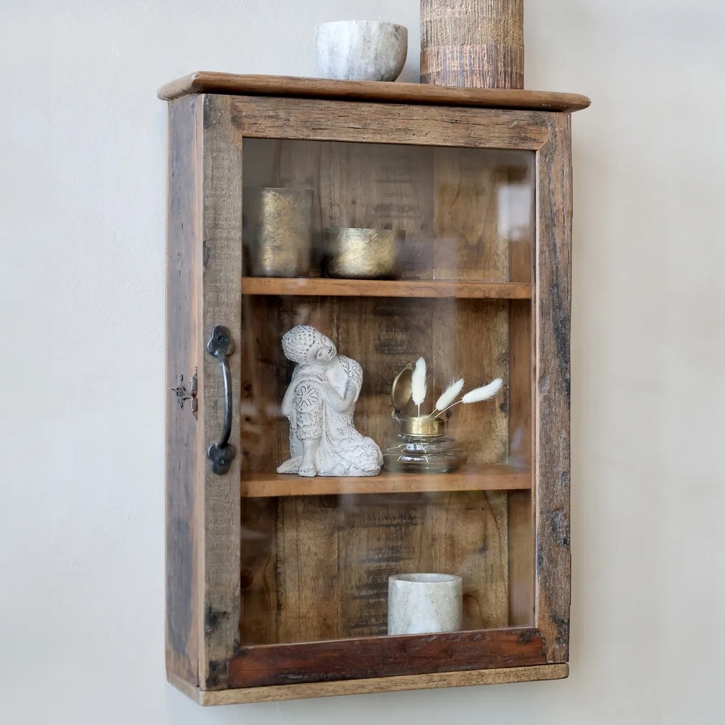 Dulap de perete din lemn reciclat, natur, cu 2 rafturi și ușă din sticlă, aspect rustic, 60 x 40 x 13 cm, „Grimaud”