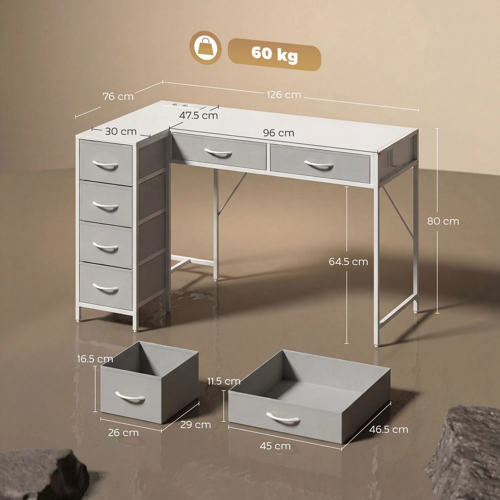 HOMCOM Birou de Colț Reversibil cu Prize și Porturi USB, 126x48 cm, Birou în Formă de L cu 6 Sertare din Material Textil, Cârlig Lateral, pentru Computer, Birou, Cameră, Alb | Aosom Romania